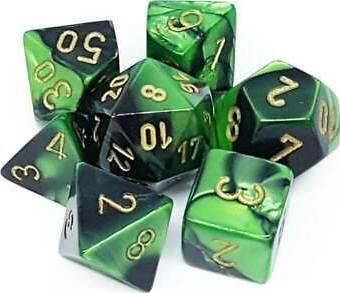 SET DE 7 DES GEMINI NOIR VERT/OR